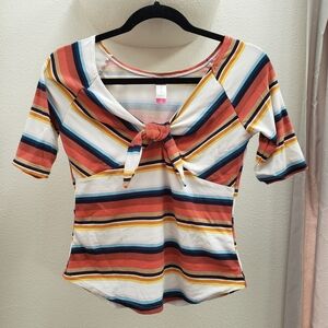 No Boundaries Multicolor Striped Tie-Front Crop Top in White, Orange & Blue